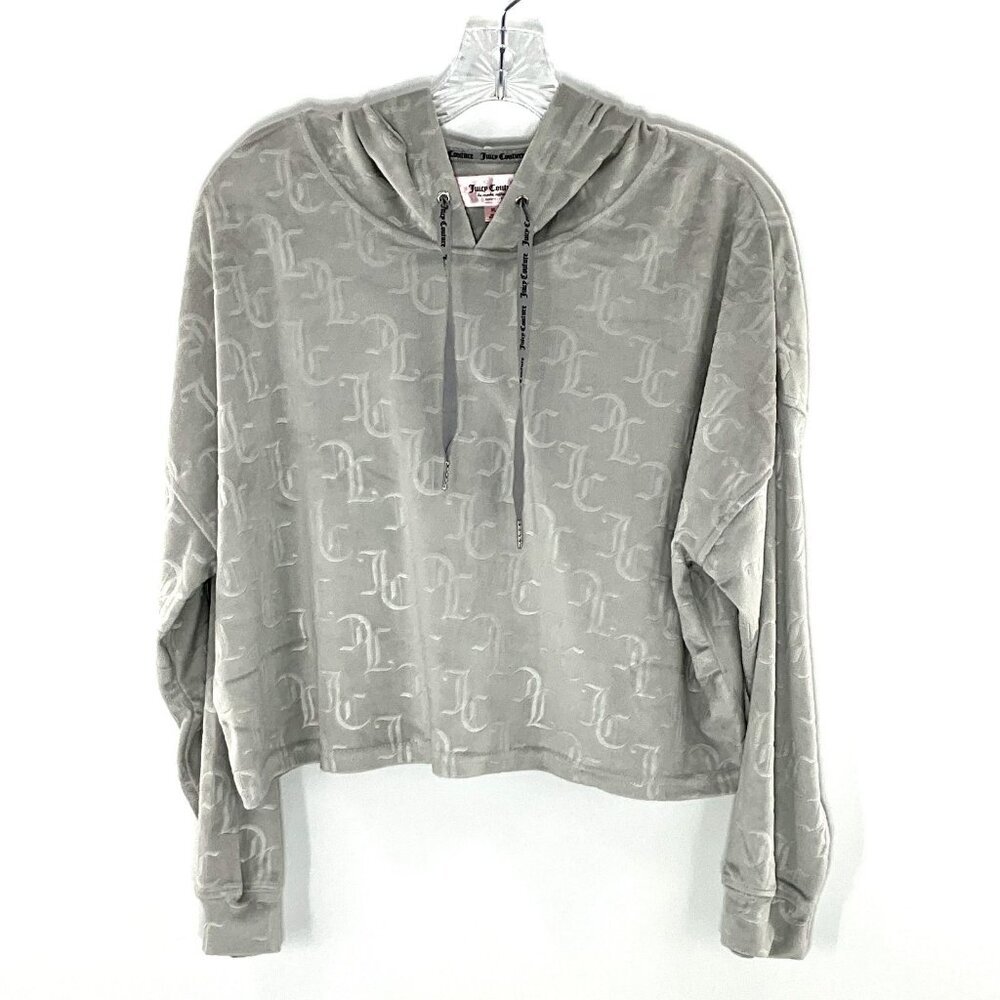 Juicy Couture Hoodie Loungewear Women XL Gray Velour‎ Logo Cropped Pullover